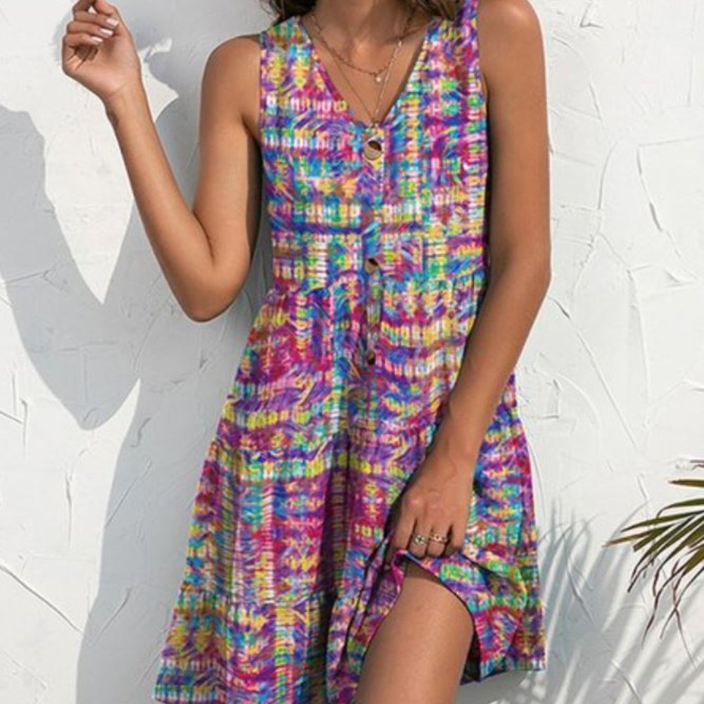 Red & Yellow Abstract Button-Front Sleeveless Dre… - image 1